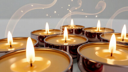 Warm glowing tea light candles with wisps of smoke and subtle sparkle effects creating a serene and peaceful atmosphere