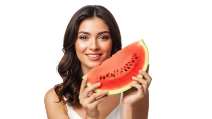A woman holding a delicious watermelon slice, smiling radiantly, showing summer joy and healthy eating