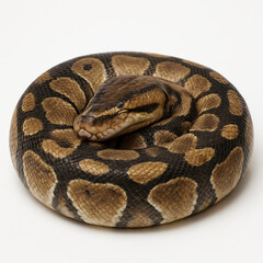Obraz premium Coiled brown and black snake resting on white background with detailed scales and smooth texture, peaceful and calm reptile pose