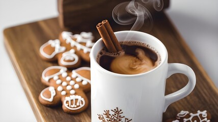Steaming hot chocolate with cinnamon stick and gingerbread cookies