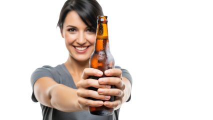 A smiling woman holding a beer bottle