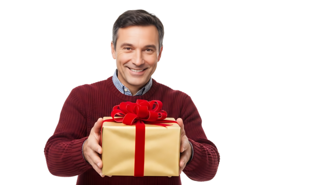 A man holding a beautifully wrapped gift, presenting a symbol of joy and affection. His warm smile reflects the anticipation of sharing the present - Powered by Adobe