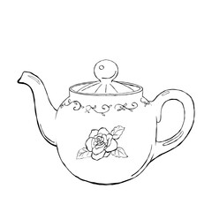 Vintage floral teapot with lid and curved spout hand drawn ceramic kitchenware illustration for tea party cafe menu and packaging on white background