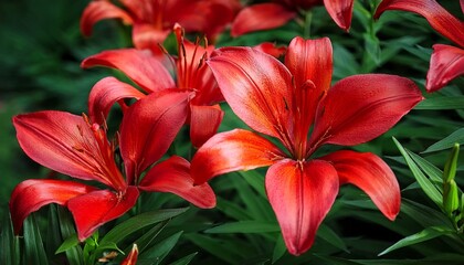 Fototapeta premium Close Up Shot Of Several Bright Red Lily Flowers Blooming Amidst Lush Green Foliage