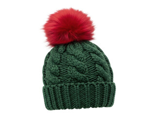 Isolated green knitted woolen cap with red pom-pom, winter hat for cold weather, headwear