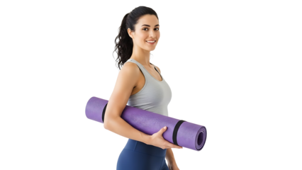 A woman holding yoga mat, ready to practice yoga. She is smiling and appears relaxed and ready for her exercise