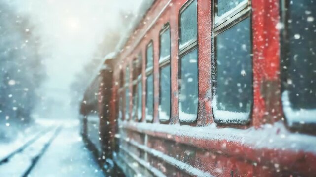 Red train moving through falling snow.