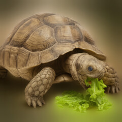 Obraz premium Realistic tortoise eating green lettuce with detailed shell and textured skin in soft light background