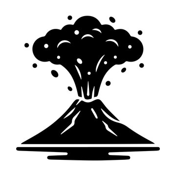 Black silhouette icon of a volcano erupting, showing a large cloud of ash, smoke, and debris. Ideal for natural disaster warnings, risk, and geological concepts.