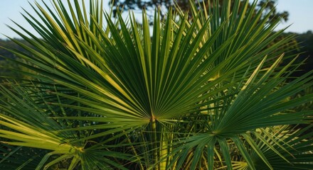 Lush green palm fronds bathed in warm sunlight, detailed close-up