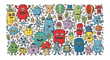 Whimsical collection of colorful cartoon monsters, cute creatures, and playful objects on a white background, hand-drawn doodle style for kids' design and fantasy themes.