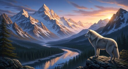 Majestic white wolf overlooking a serene mountain valley with a winding river at golden hour