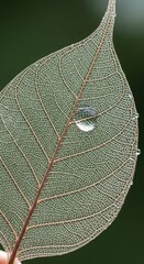 Macro photography of a delicate leaf skeleton adorned with morning dew drops, revealing nature' intricate veins against a green background