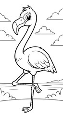 Cute cartoon flamingo standing on one leg - black and white art for coloring page, kids activity, and printable illustration