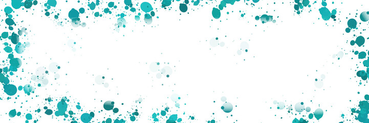 Abstract teal splash frame. Turquoise confetti texture. Transparent background with scattered dots. Water paint spray design with blank copy space for product promotion or creative projects