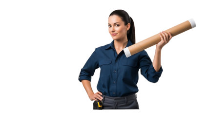 An architect stands proudly, holding a blueprint roll