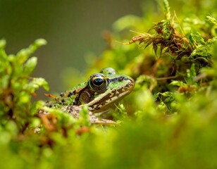 Obraz premium Green frog with speckled skin hides amongst bright green moss in a natural, sunlit environment