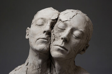 Conceptual image of two clay sculpture figures pulling away from each other, showing fragments and cracks at their connection point, representing psychological separation.