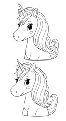 Two adorable unicorn head and bust outline drawings for coloring on white background