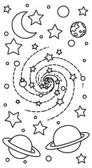 Minimalist black and white space art with galaxy, planets, stars, and moon for coloring and educational activities