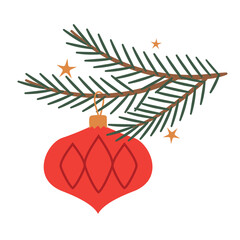 green fir branch with a hanging Christmas bauble; perfect for holiday designs - vector illustration