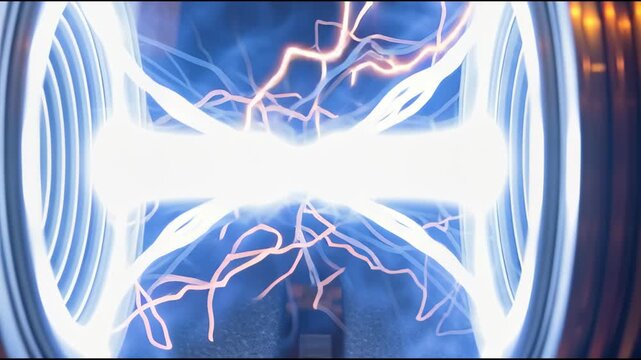 Electrical discharge between copper coils creates plasma arcs in laboratory