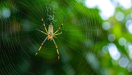 A detailed shot of a large spider perched in the center of its web, showing the vibrant colors of the arachnid. Green foliage surrounds