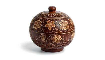 A detailed shot of a round, wooden container with a fitted lid. Floral designs are carved and gilded on the surface. The object rests against white