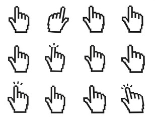 Grid of cursors A series of pixelated hand cursors in various poses and orientations on a white background