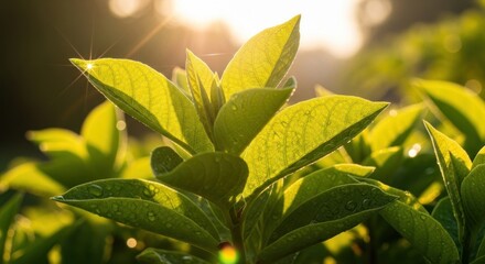 Vibrant green leaves with sparkling dew drops backlit by golden morning sun and starburst flare