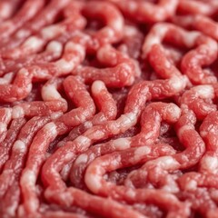 Vibrant macro close-up of raw ground meat with intertwined red and white texture, perfect for culinary ingredient backgrounds and meal preparation concepts