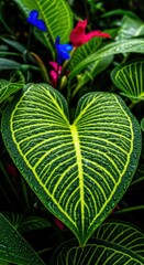 Close-up of a heart-shaped tropical leaf adorned with vibrant yellow veins and fresh raindrops, set against a lush green and floral bokeh background.