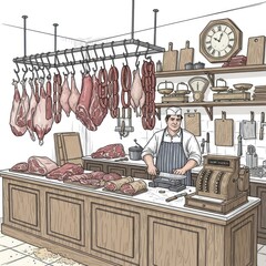 Traditional butcher shop interior with butcher cutting meat, displaying fresh cuts, sausages, poultry, scales, and cash register