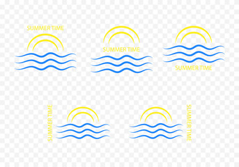 Set of simple vector icons with the sun, waves, and the inscription "Summer Time". Stylized symbols of summer vacation and tourist travel on a transparent background. Eps 10