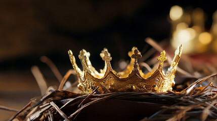 Majestic crown crafted with intricate details, symbolizing power and elegance. It gleams with golden luster against a muted backdrop, evoking a sense of grandeur.