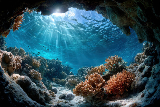 Sunlit Coral Reef Undersea Cave with Tropical Fish - Powered by Adobe