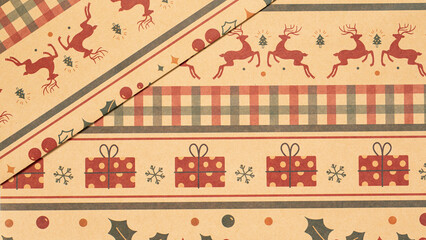 vintage christmas background with sreindeer and gift box and holly,seamless christmas pattern background,Christmas wrapping paper, Xmas pattern with ornaments.