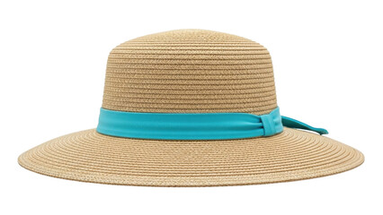 Isolated straw boater hat with turquoise ribbon, a summertime accessory for sun protection