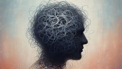 Silhouette of a human head with chaotic scribble lines, concept of anxiety, stress, depression or mental disorder, difficulties in making choices