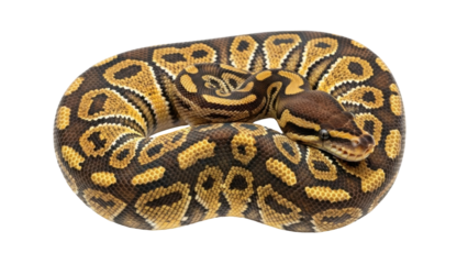 Isolated Ball Python coiled, facing forward, a popular pet snake with beautiful markings