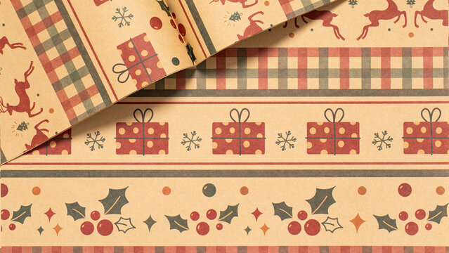 vintage christmas background with sreindeer and gift box and holly,seamless christmas pattern background,Christmas wrapping paper, Xmas pattern with ornaments. - Powered by Adobe