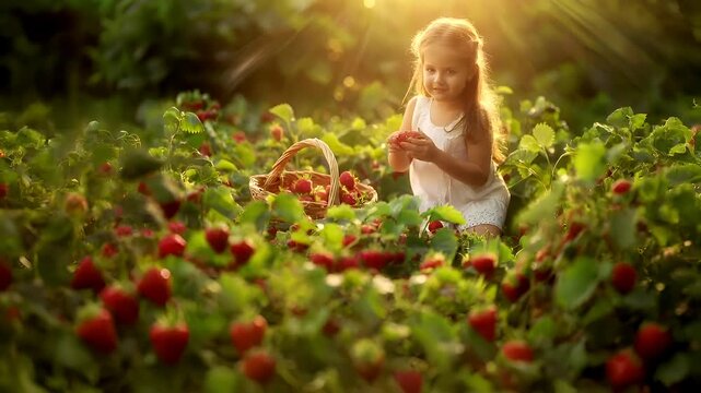 A young girl is engrossed in picking strawberries in a lush garden. The sun casts a warm, golden hue over the scene.