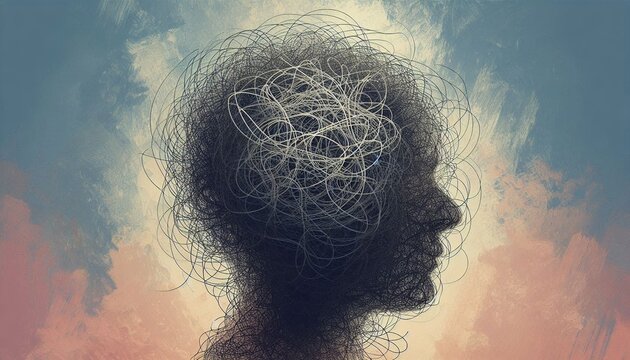 Silhouette of a human head with chaotic scribble lines, concept of anxiety, stress, depression or mental disorder, difficulties in making choices