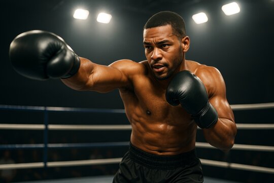 Focused male boxer throwing a punch in boxing ring under dramatic light, showing strength and determination in action moment. Ai generative. Ai generative - Powered by Adobe