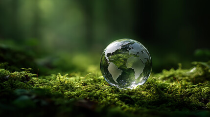 Crystal Globe on Moss Representing ESG, Sustainability, and Global Environmental Conservation