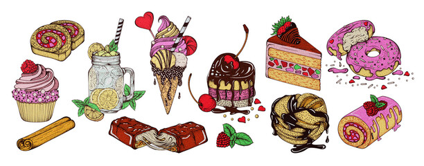 Vintage Sweets Desserts Colorful Sketched Set, Isolated Cake and Pink Donuts, Chocolate Treats Menu Design, Nostalgic Retro Food Outline Lollipop Candy Bundle of Graphic Illustrations