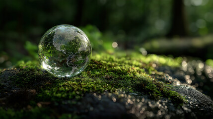 Crystal Globe on Moss Representing ESG, Sustainability, and Global Environmental Conservation