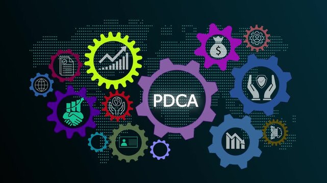PDCA animation video demonstrating international standard organization processes, global technology, and internet networking for continuous improvement and digital workflow optimization.