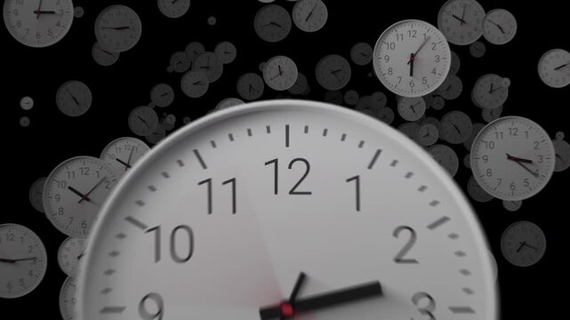 Multiple clocks with fast-spinning hands fly chaotically toward the camera in a time-lapse. Concept of the rapid, uncontrollable passage of time and urgency, deadlines, and time pressure