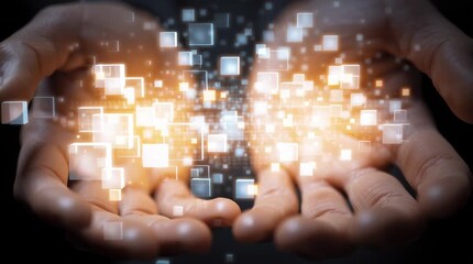 Human hands interact with glowing digital blocks, symbolizing data connection and future innovation